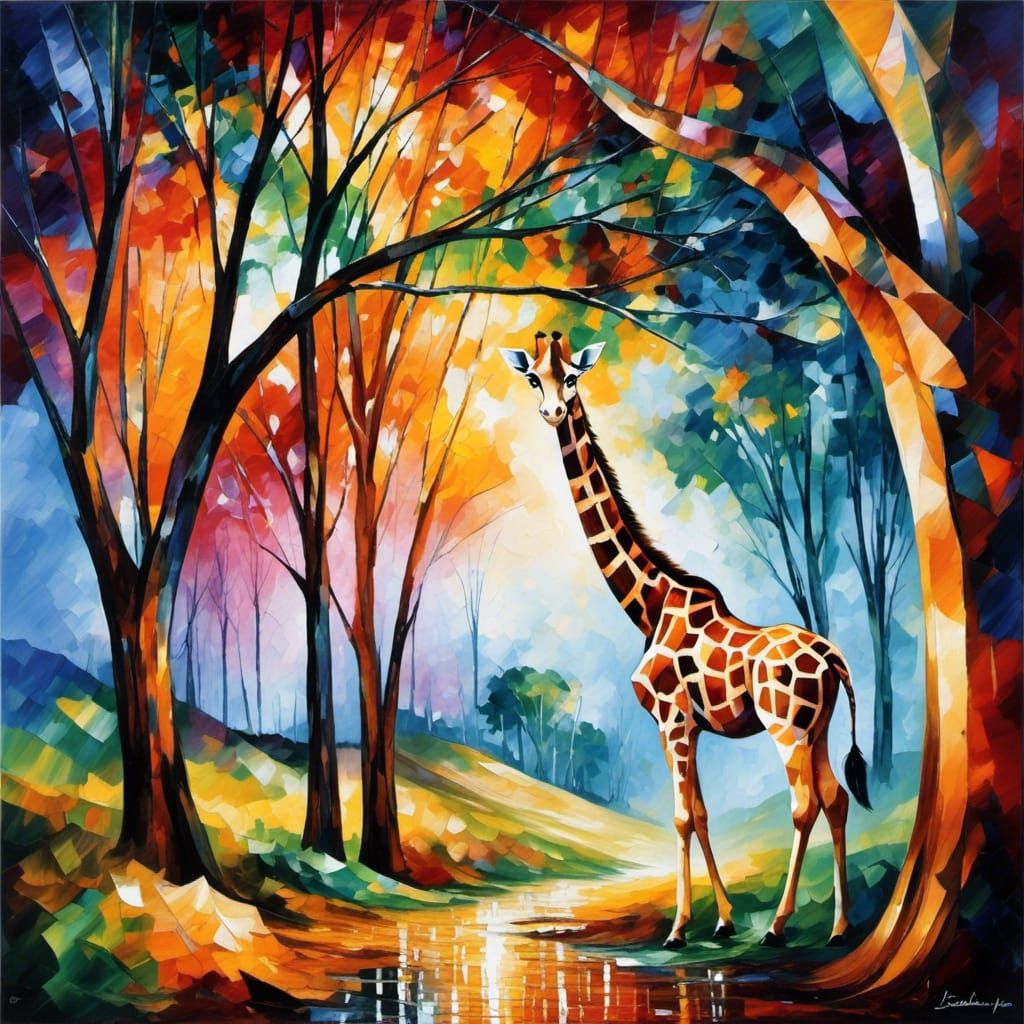 Giraffe in Crystal Cubism Style Near Acacia Tree
