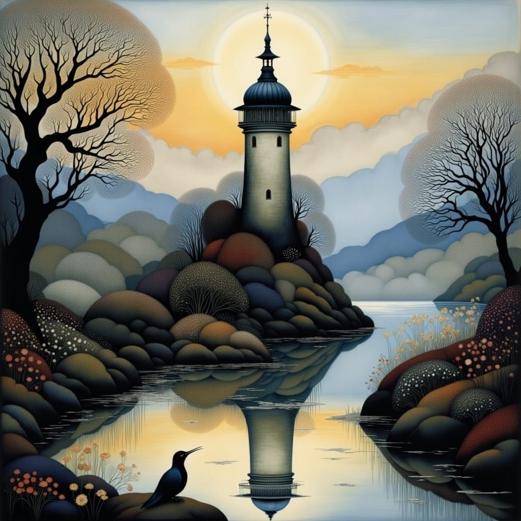 Whimsical Flight of Birds in an Enchanted Evening Scene