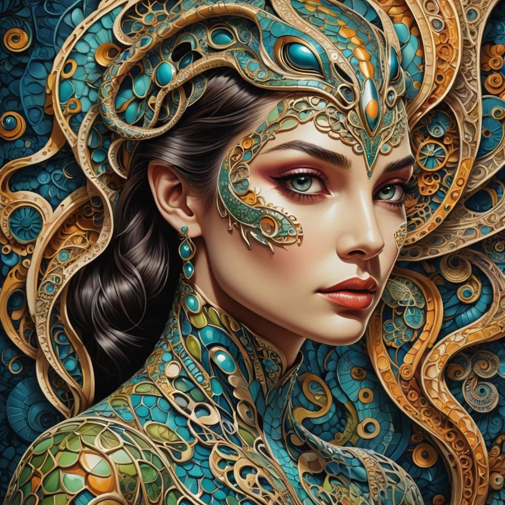 Retro-Futuristic Portrait: Lady and Reptile in Fractal Art