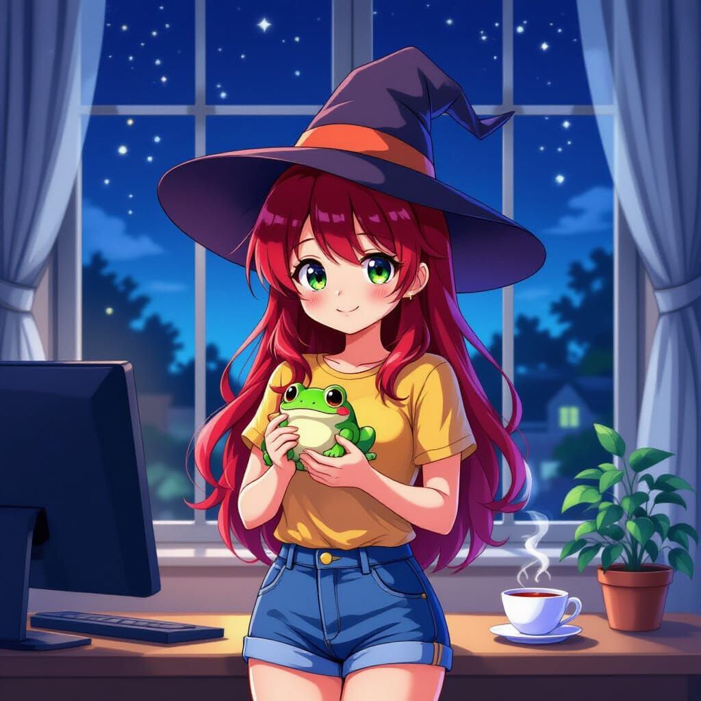 Anime Girl with Frog in Studio Trigger Style