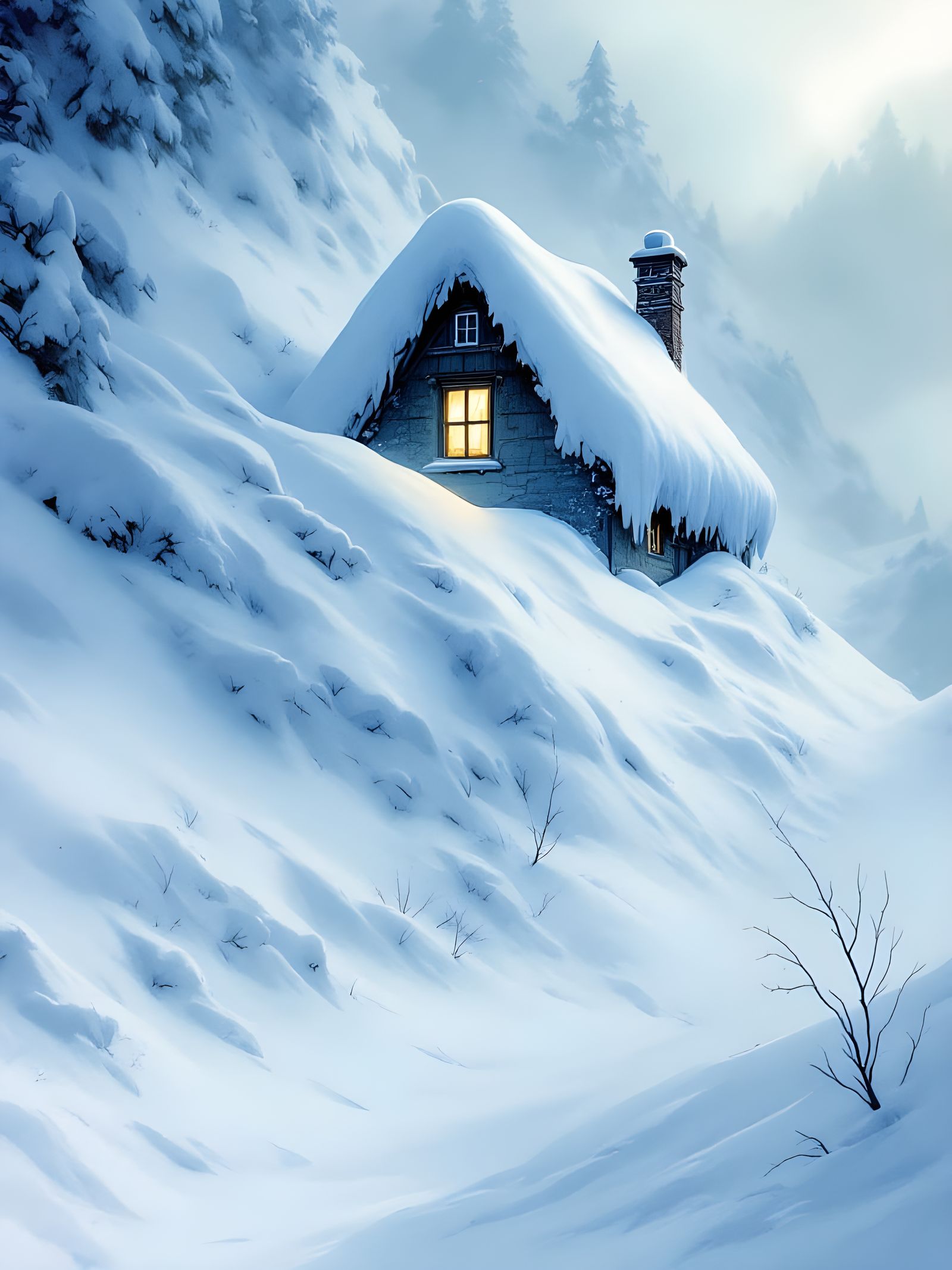 House Buried in Snow in Comic Book Style