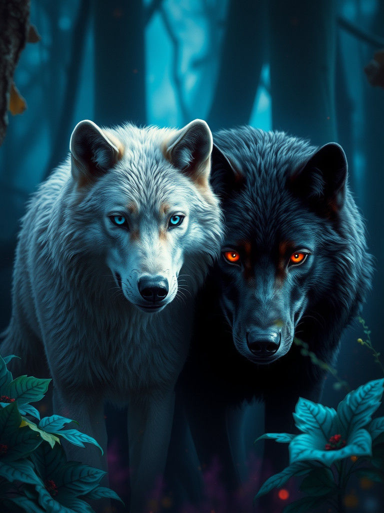 Mystical Wolves Emerge from Shadowy Forest