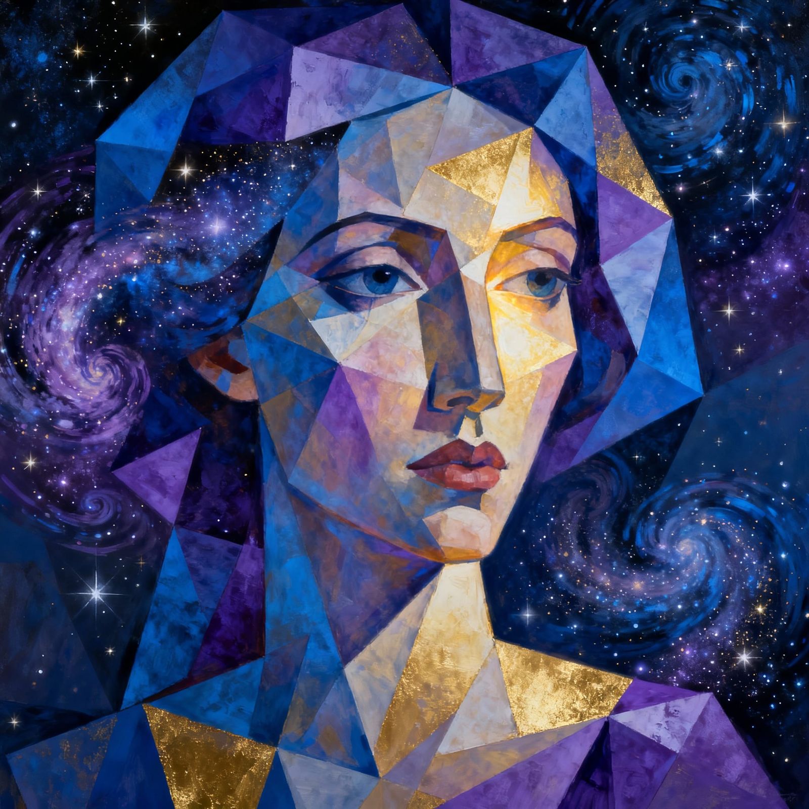 Cubist Stardust Woman Portrait in Cosmic Colors