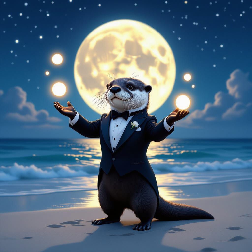 Otter Juggler on Moonlit Beach: Photorealistic Digital Art