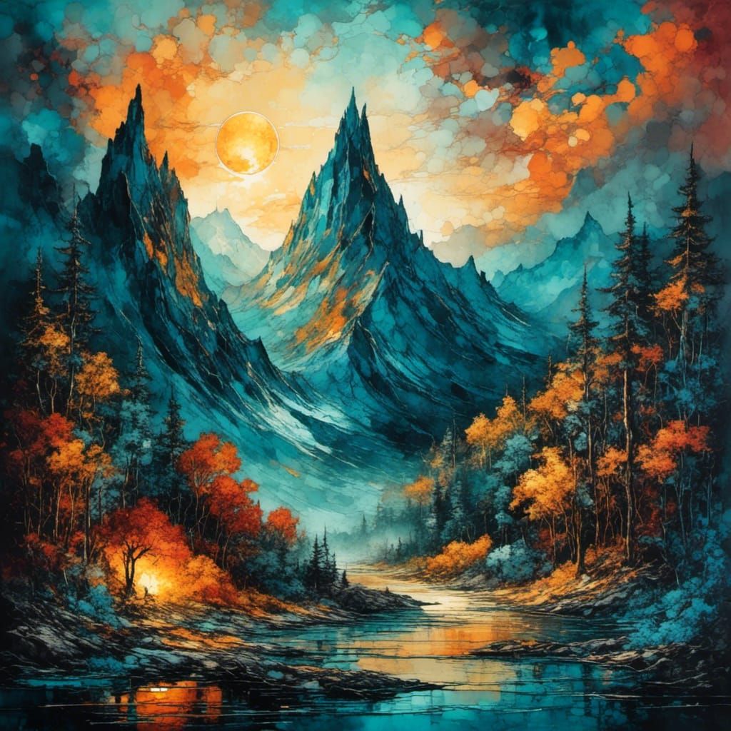 Exotic Sailboat and Castle at Sunset in Alcohol Ink Style