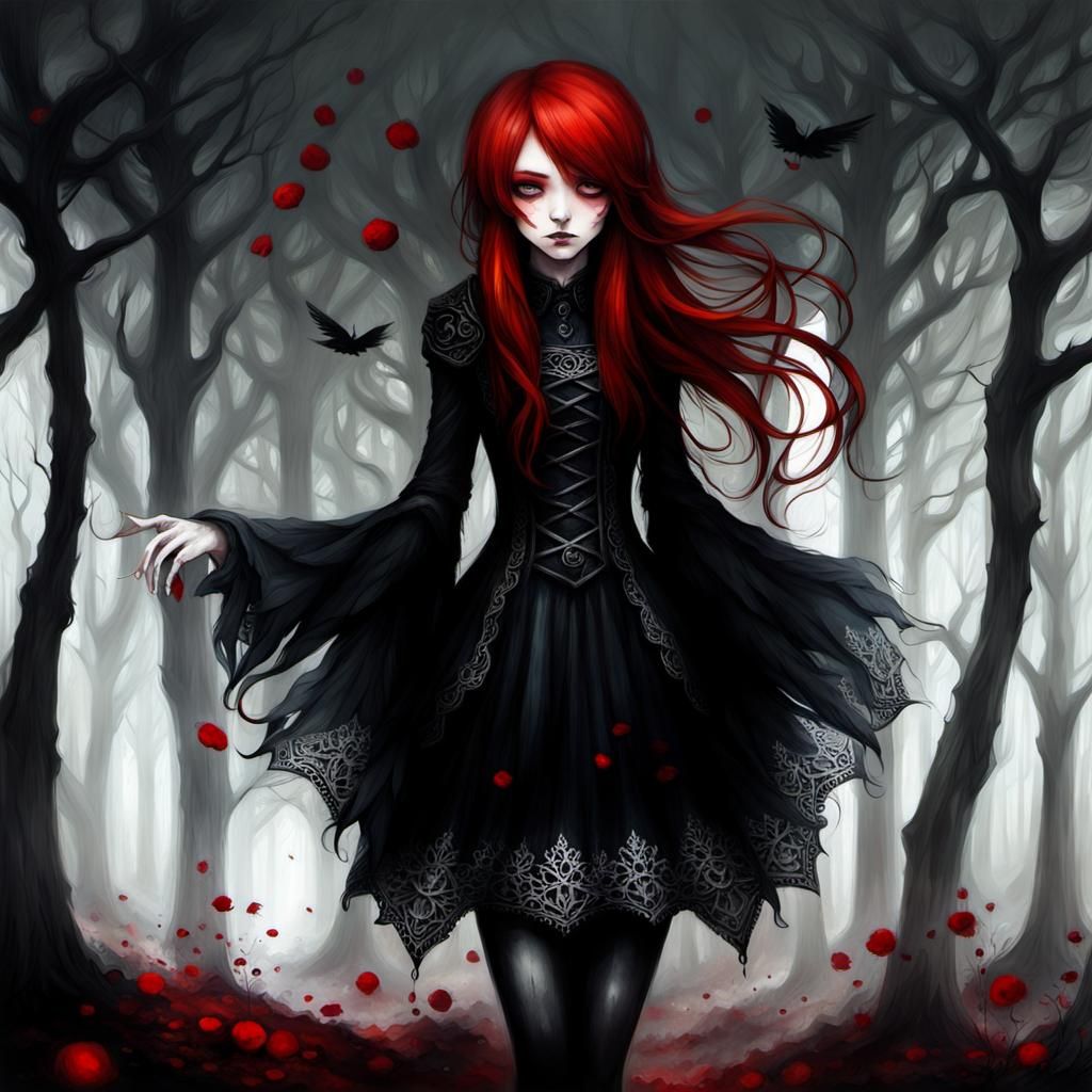 Ethereal Red-Haired Goth Girl in Surrealist Painting