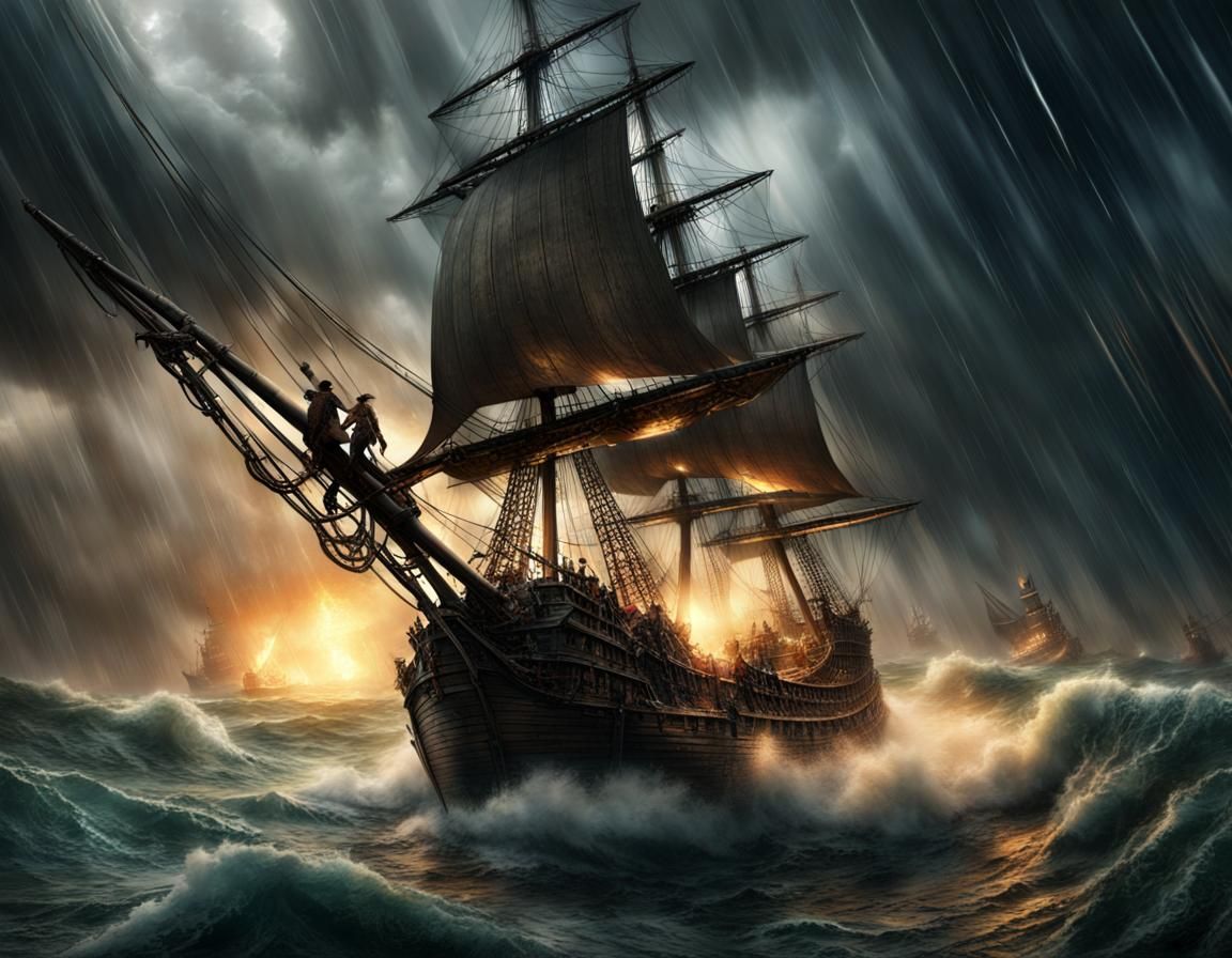 Pirate Ships Clash in Stormy Sea Battle