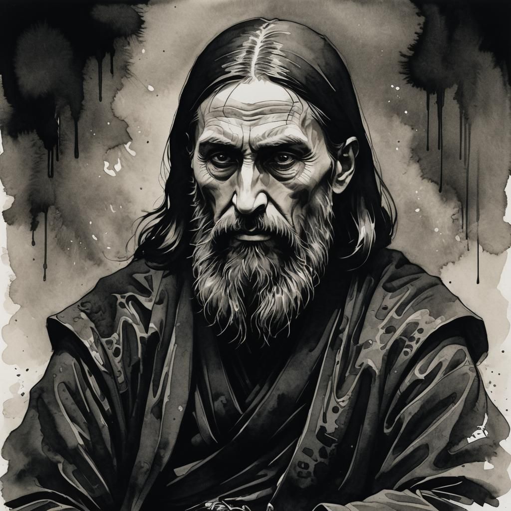Contemplative Rasputin Ink Portrait in Noir Style