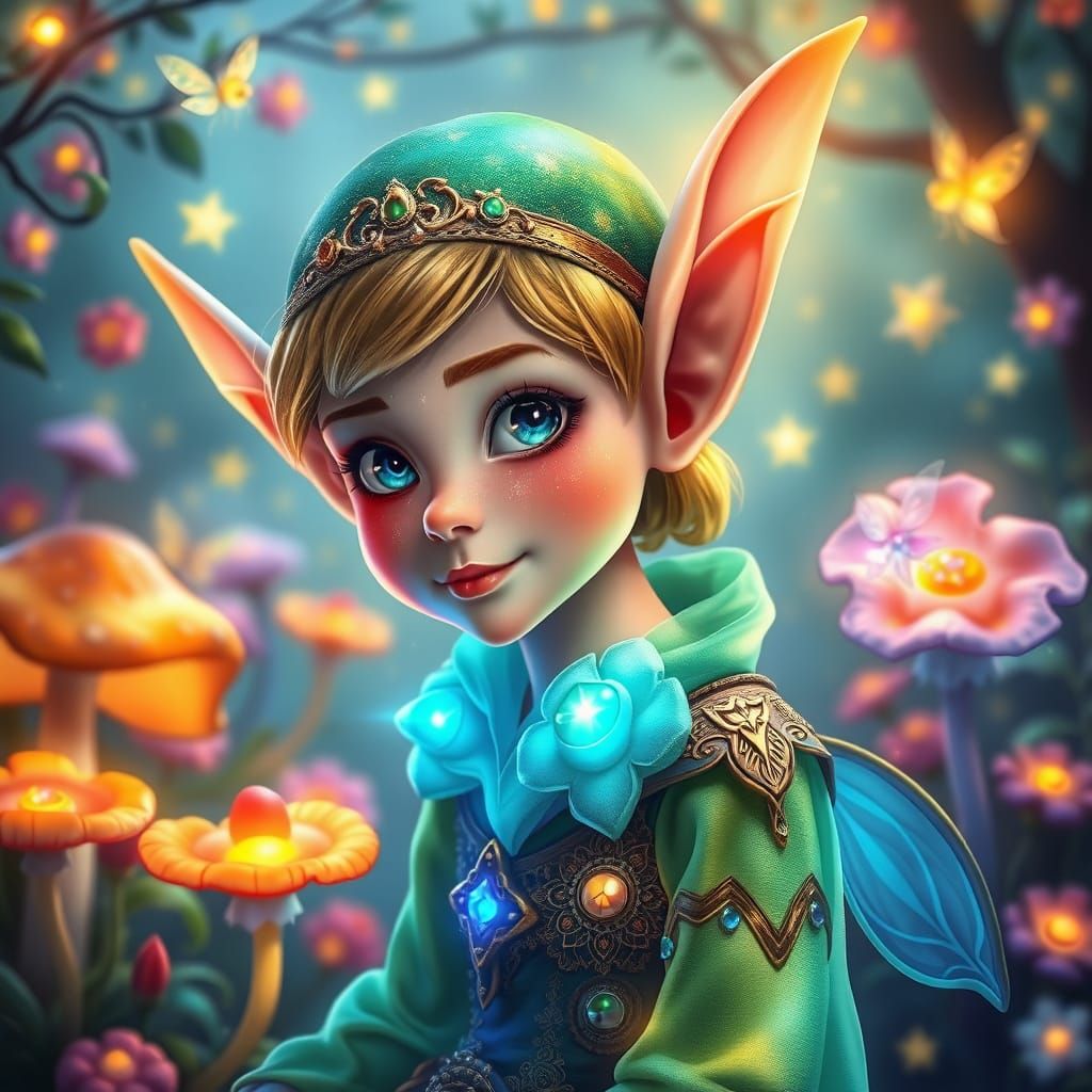 Vibrant Elf in Whimsical Fantasy Garden