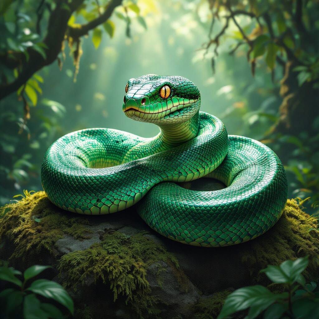 Emerald Python with Jewel-Like Scales on Ancient Stone