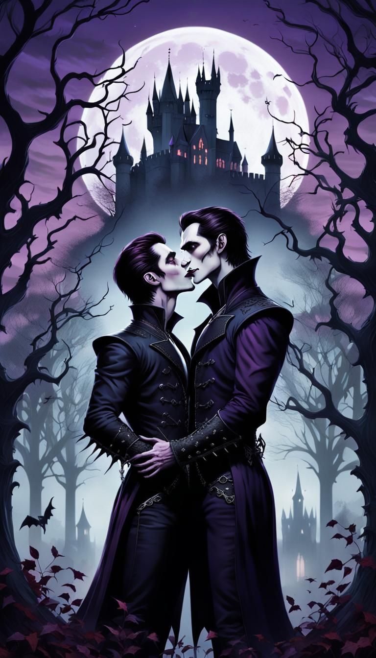 Gay Vampires Kissing Under Crescent Moon