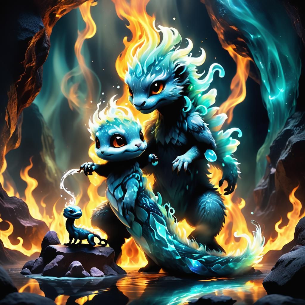 Surreal Flame Creature Embracing Snake in Crystal Cavern