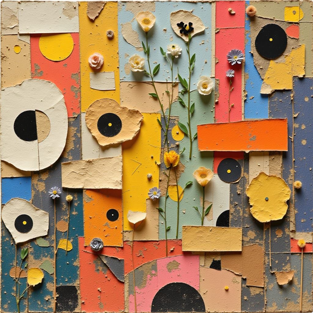 Vibrant Collage Art with Layered Textures and Cut-out Shapes