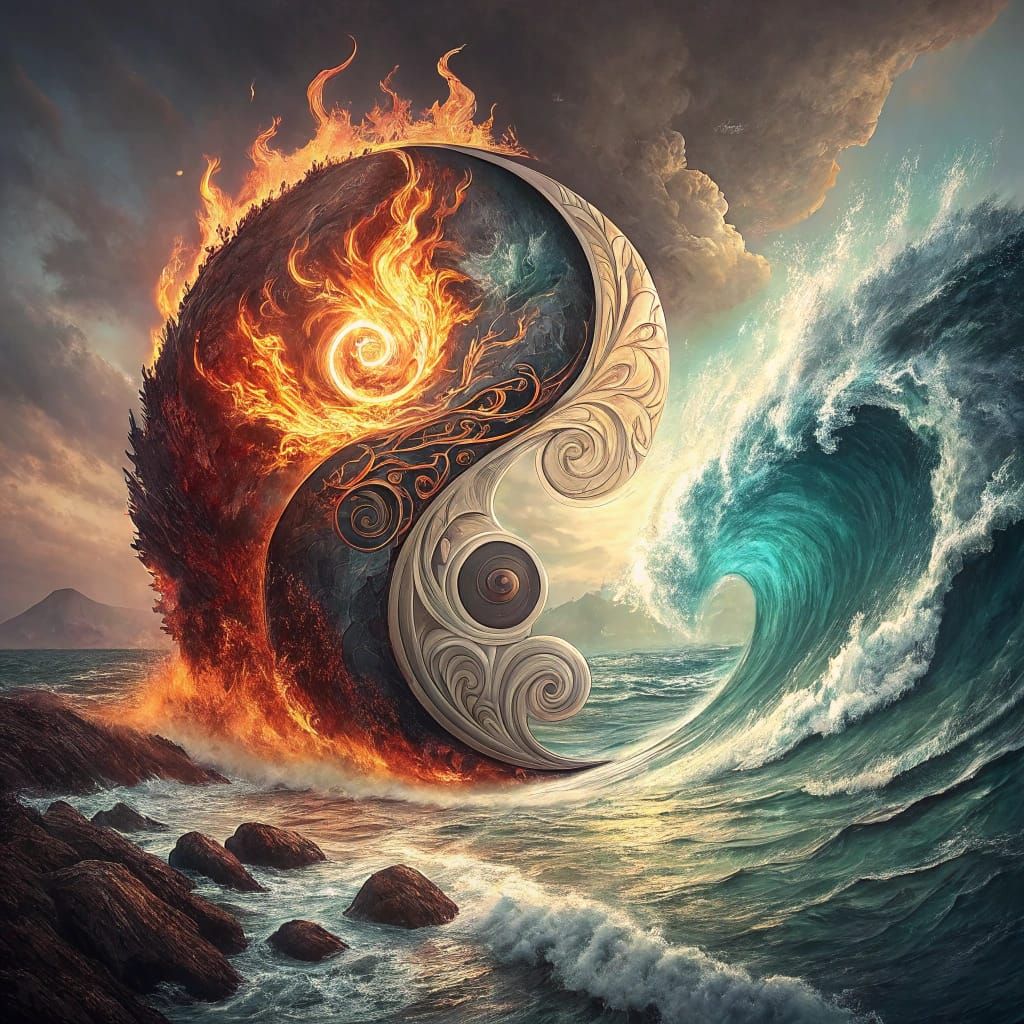 Yin-Yang Landscape with Art Deco Flames and Expressionist Wa...