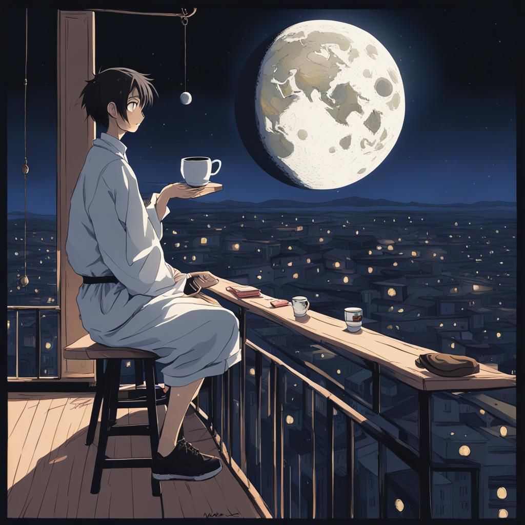 Lunar Balcony Scene in Anime Style