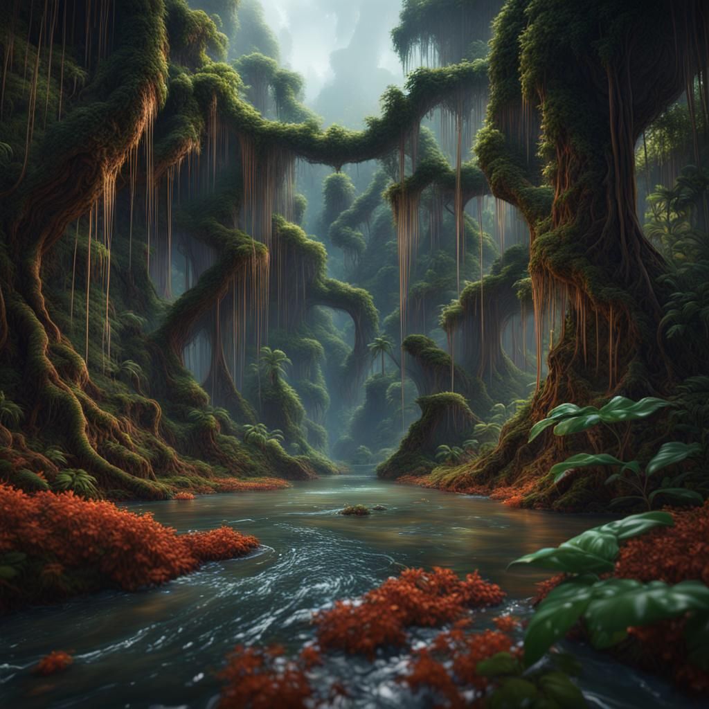 Spaghetti River Flowing Through a Rainforest