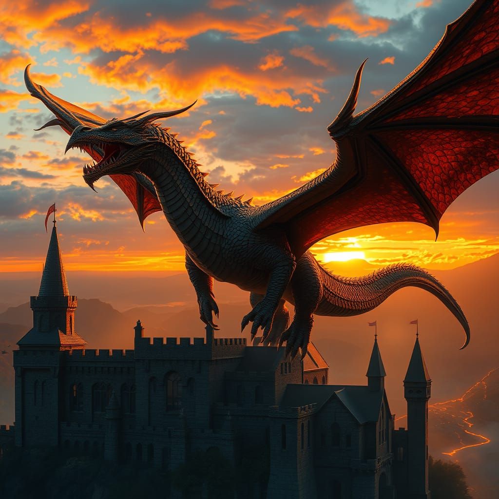 Majestic Dragon Soaring Over Medieval Castle