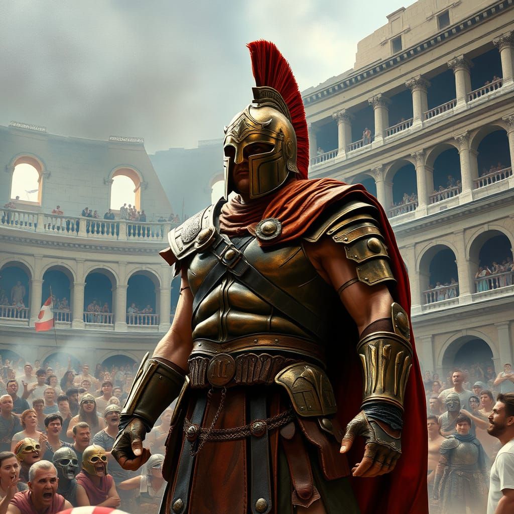 Gladiator in Colosseum Arena with Roaring Crowd