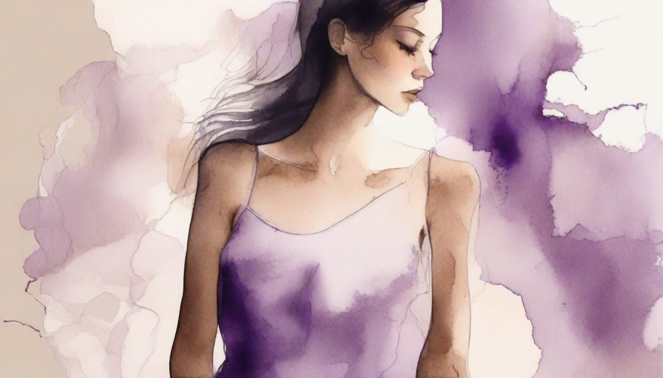 Svelte Girl in Elegant Purple Dress, Minimalist Artwork