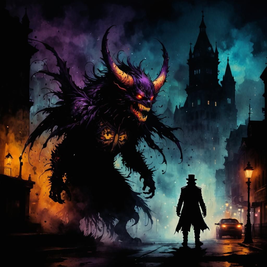 Sinister Monster in Victorian City: Tribal Tattoo Ink Art