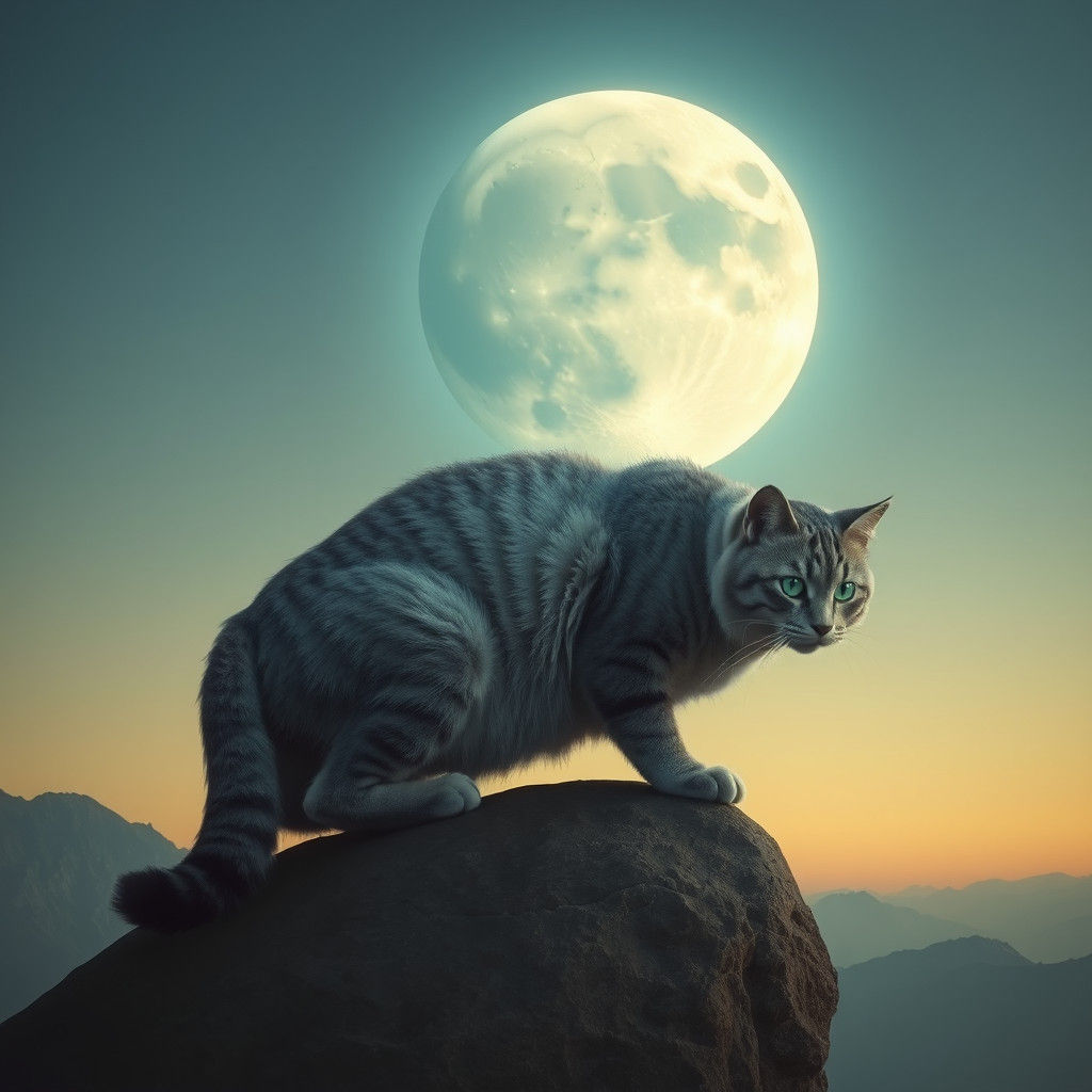 Majestic Cat on Moon in Surreal Earthscape