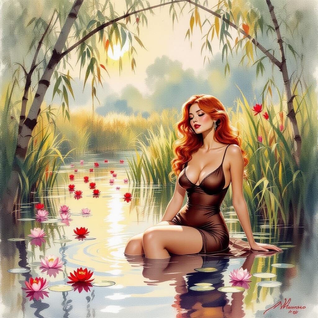 Autumn Marsh Landscape with Pin-Up in Chinese Art Style