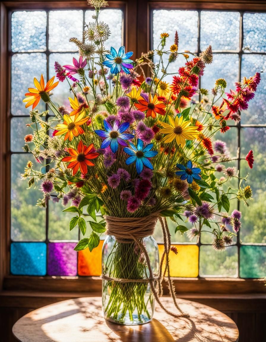 Stained-Glass Wildflower Bouquet in Rainbow Light