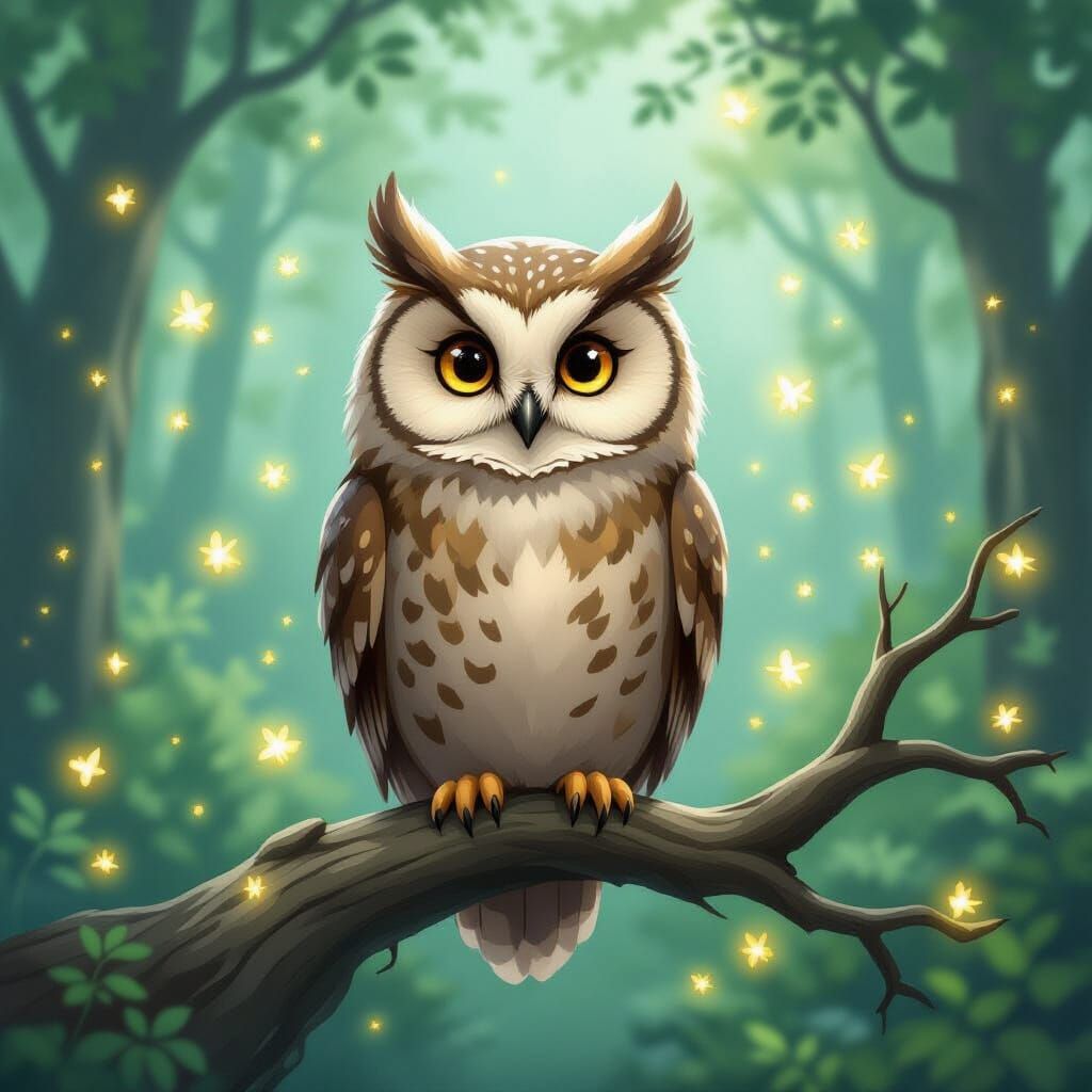 Wise Owl in Firefly Forest: Ghibli-esque Illustration