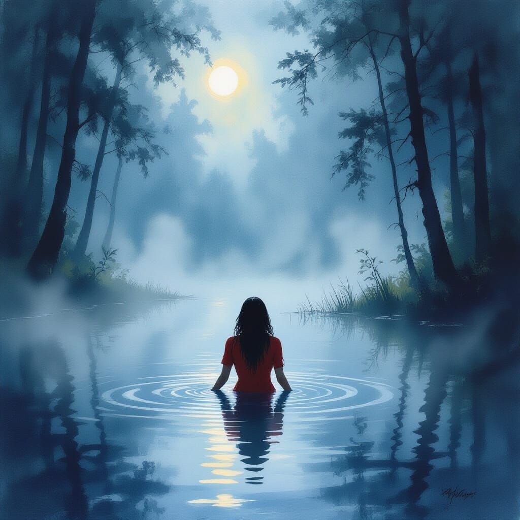 Impressionist Painting of Woman in Haunted Lake