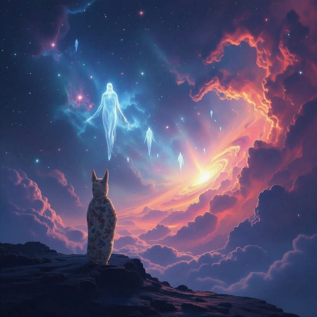 Boy Gazes into Cosmic Nebula with Light Beings