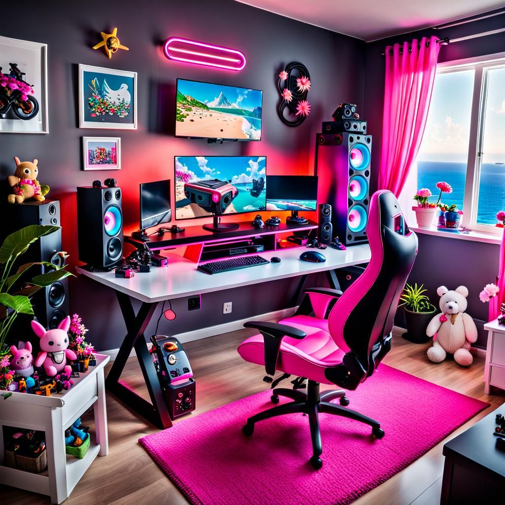 Cozy Gamer's Room with Neon Accents and Sea View