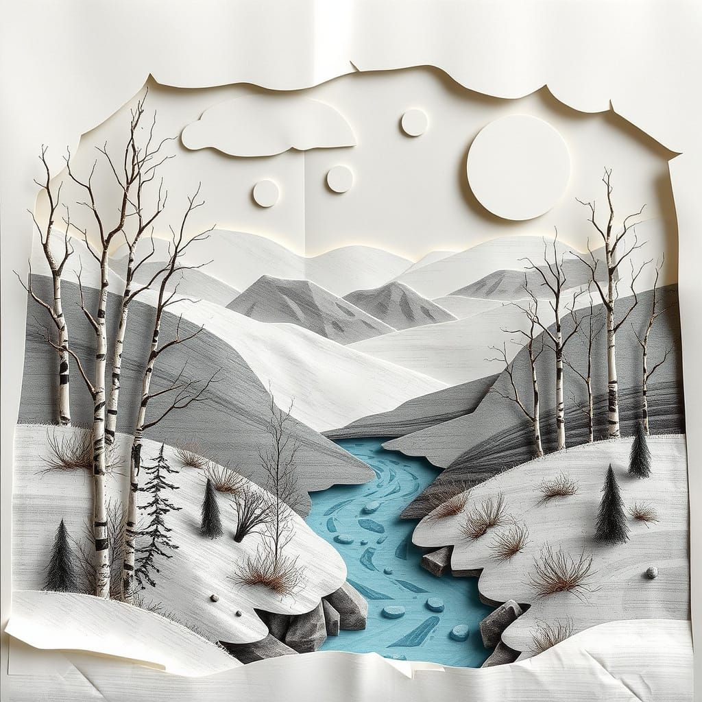 3D Newspaper Collage Winter Landscape with Birch Trees and S...