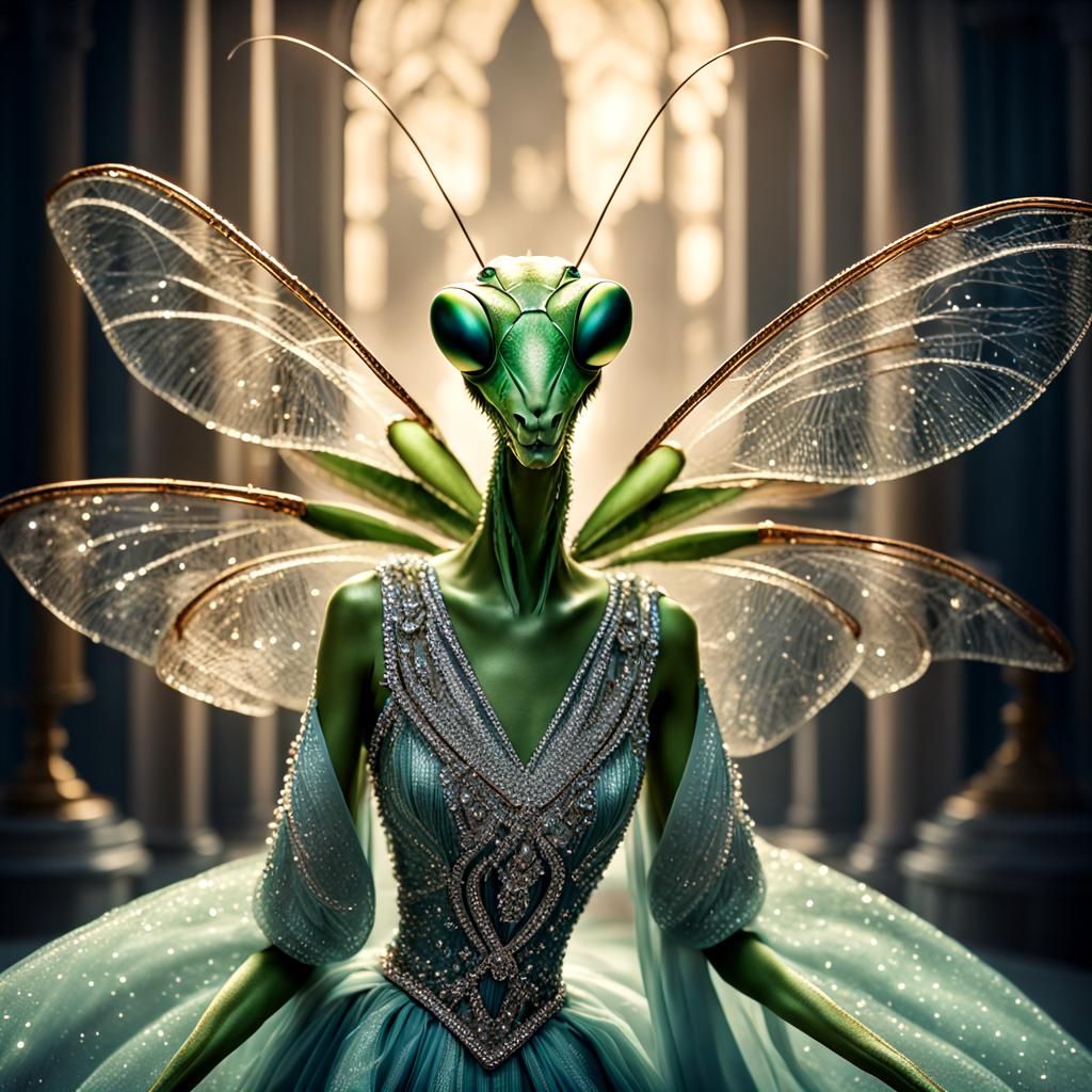 Praying Mantis in Crystal Gown: 1940s Fashion Photo