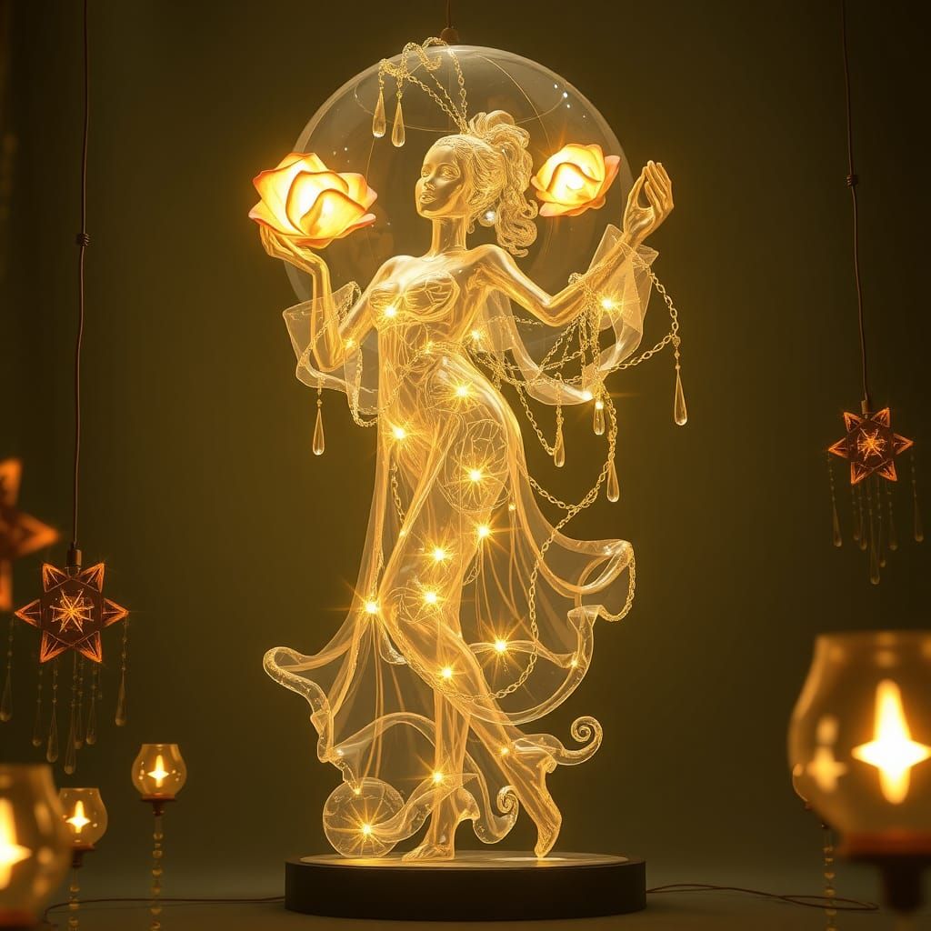 Giant Dancing Figurine with Rose Lamps, Golden Glow