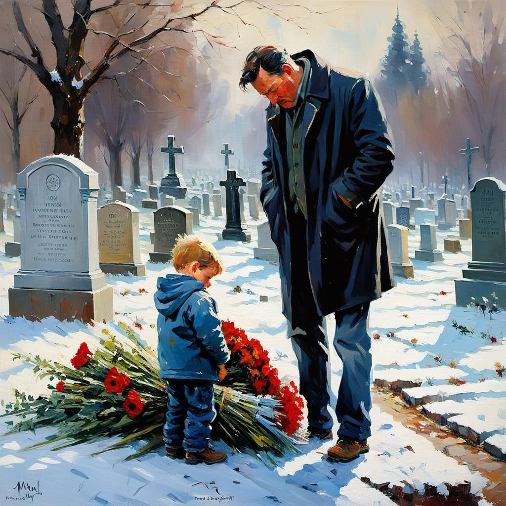 Grief-Stricken Father and Son at Grave, Impressionistic Styl...