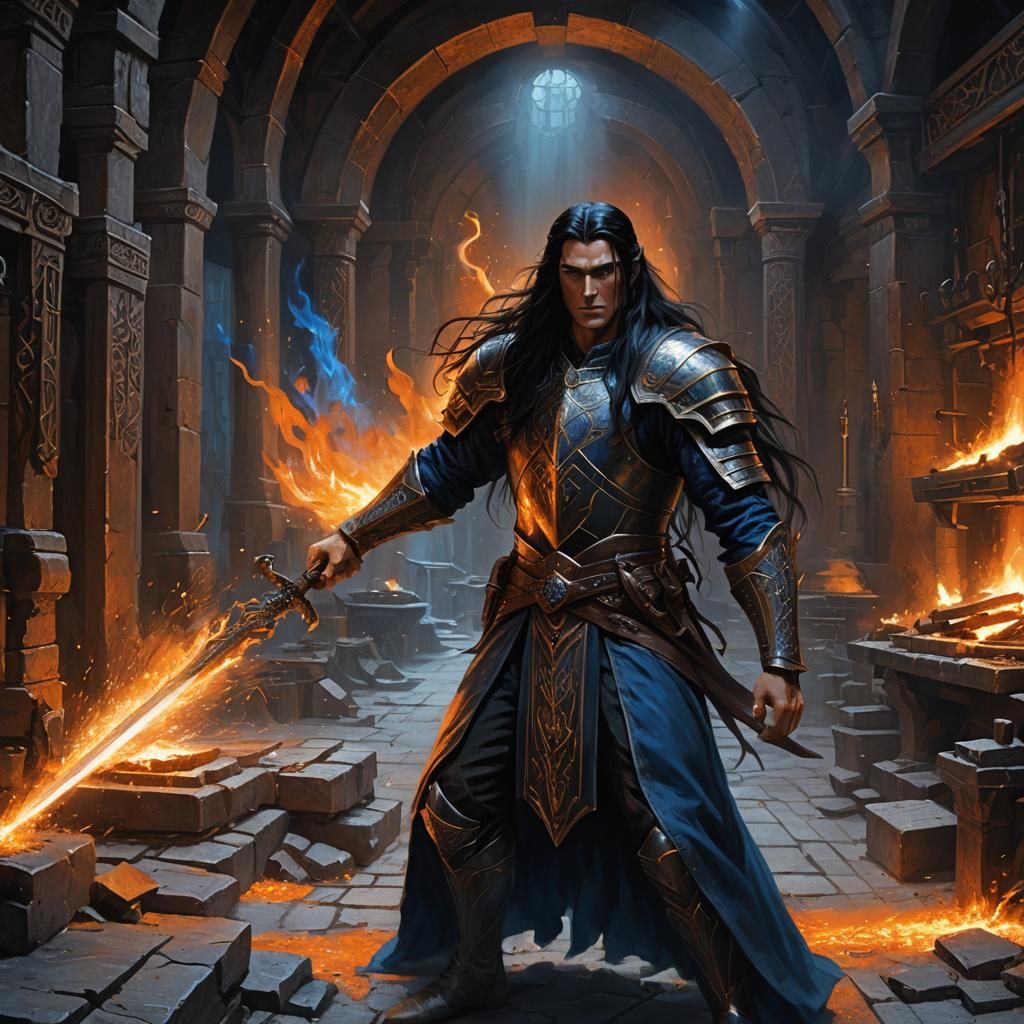 Feanor, with long dark hair and blue eyes, working in his fo...