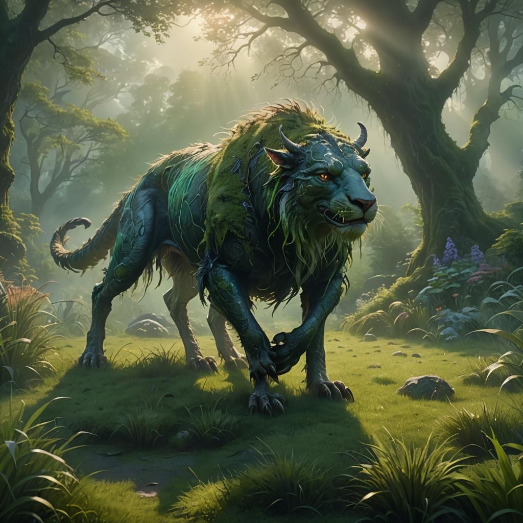 Giant Quadruped Creature Grazing in Ethereal Light