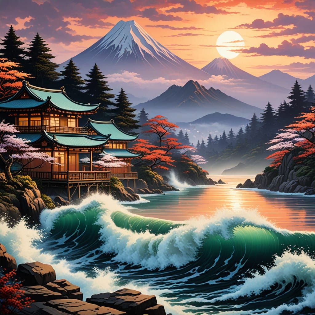 Surreal Dreamscape in Hokusai's Vibrant Style