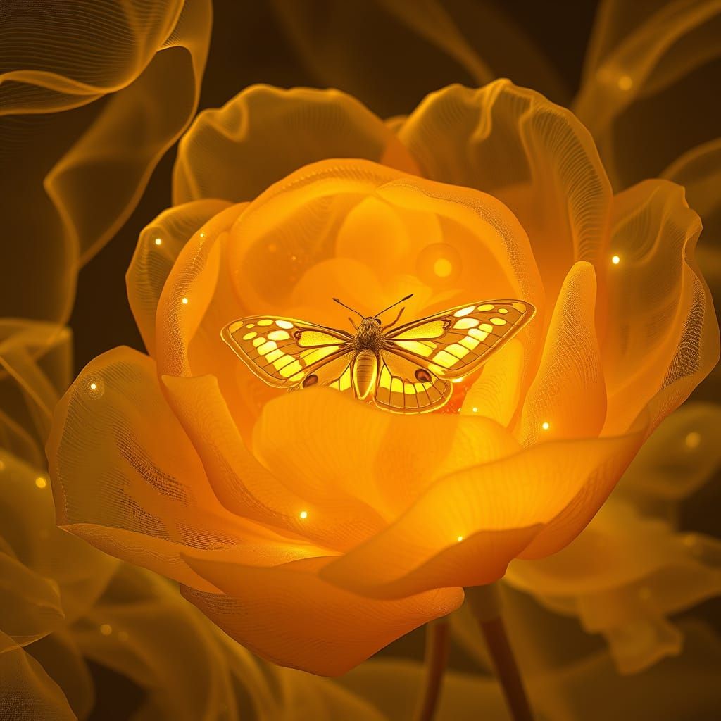 Ethereal Peony with Bioluminescent Moth in Digital Art