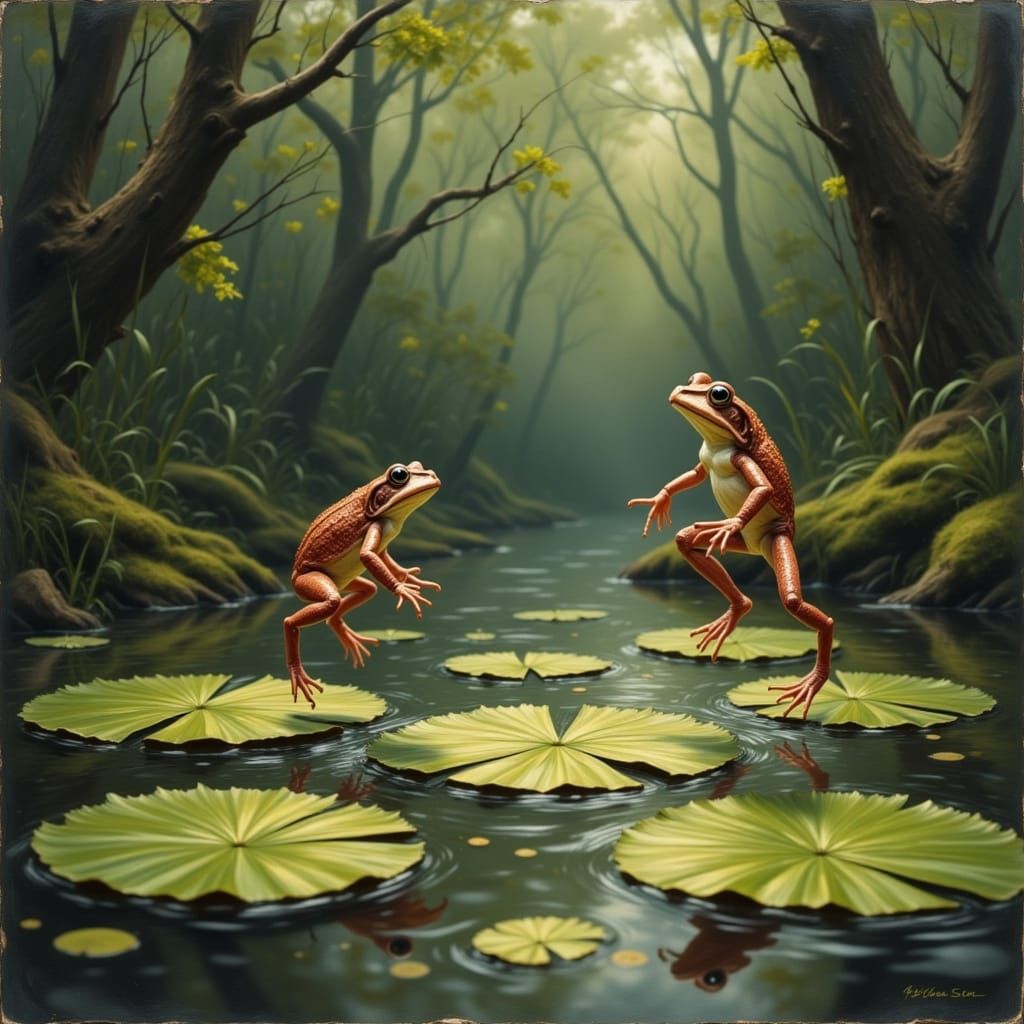 Frogs Leapfrogging on Lilypads in Sunlit Pond