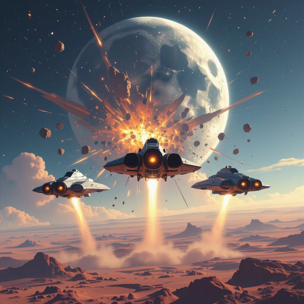 Starships Land as Moon Explodes: Cinematic Sci-Fi Art