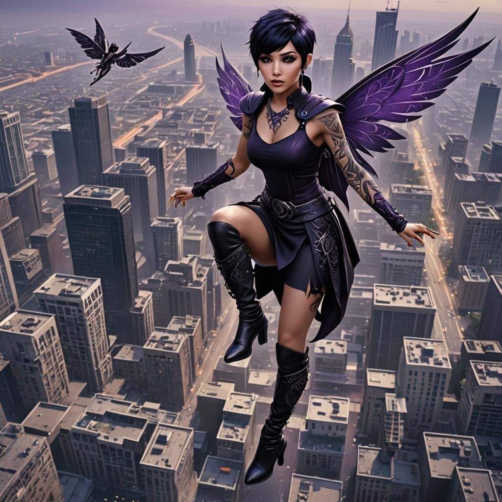 Dark Fairy with Tribal Tattoos Flying Over City