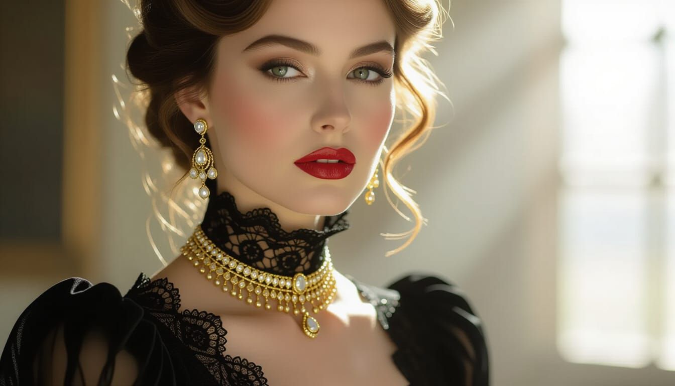 Victorian Woman Portrait with Gold Jewelry