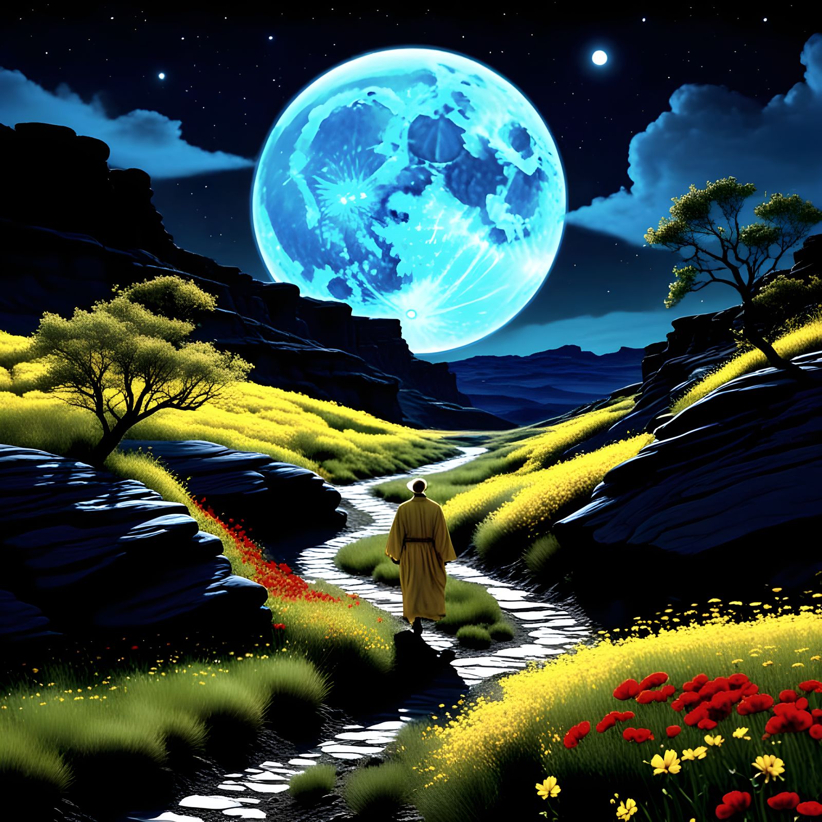 A Lone Traveler Walks the Rocky Badlands Under a Blue Moon