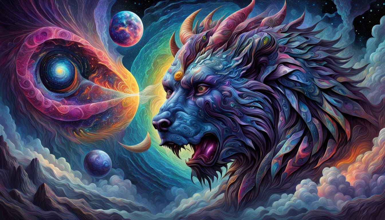 Holographic Nebula Beast in Cosmic Cubism Style