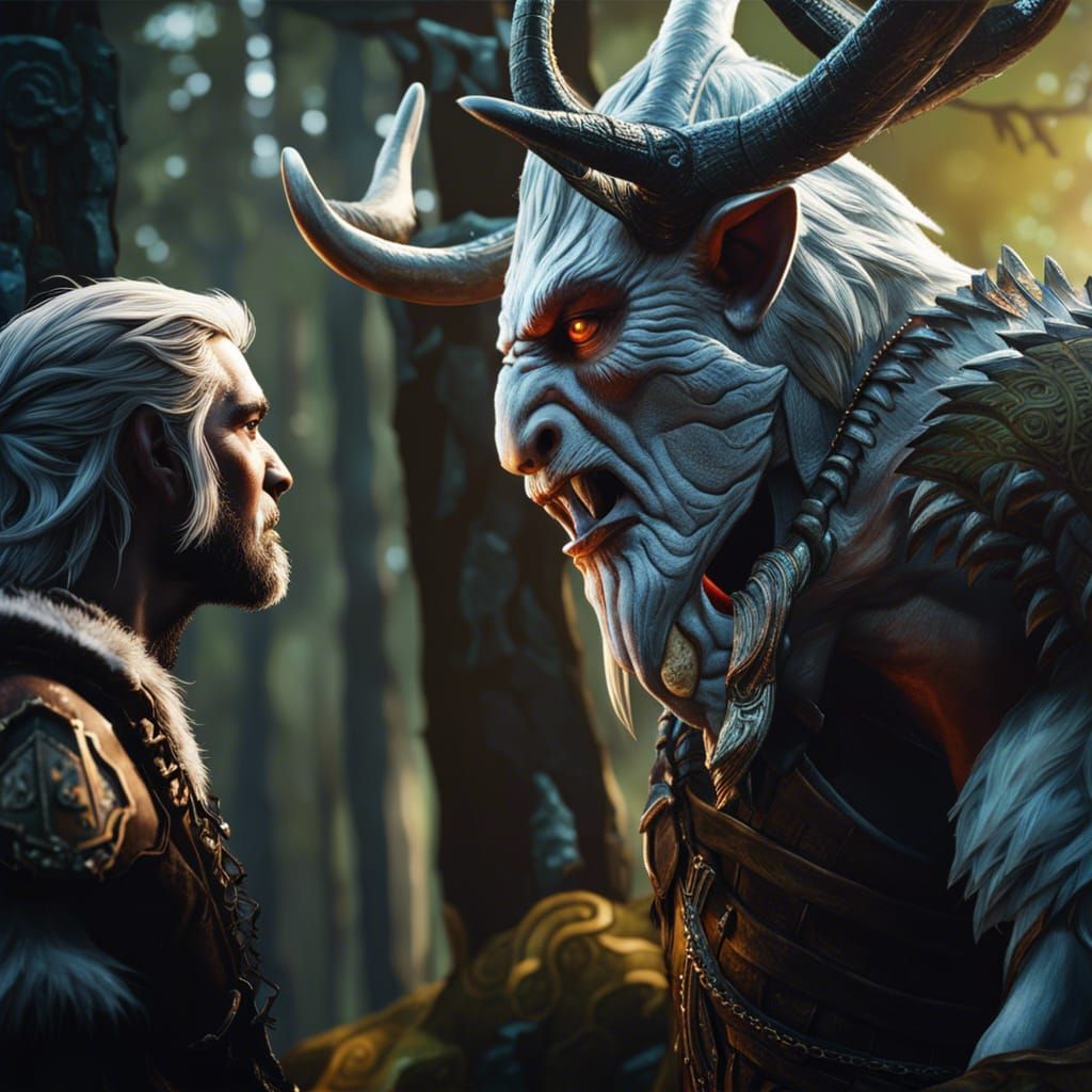 Orc and Stag: Hyperrealistic Forest Encounter