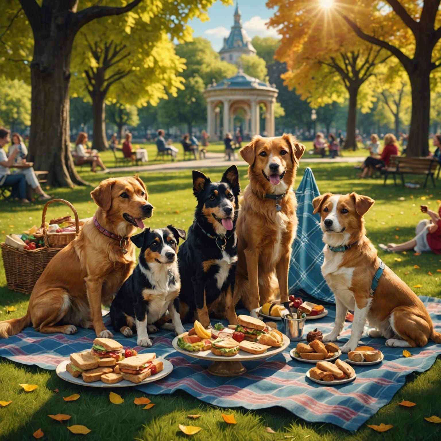 Dogs Host a Fancy Picnic in a Park