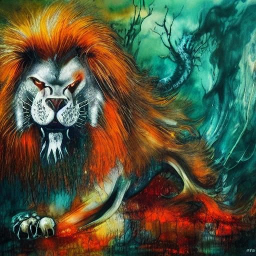 Terrifying Ghost Lion Splatter Ink Painting