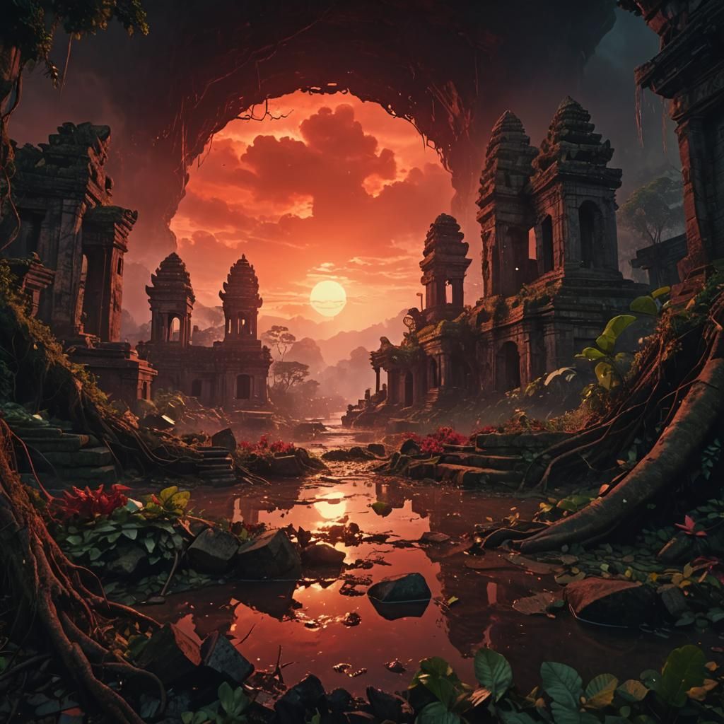 Jungle Claims Ruined City in Crimson Moonlight