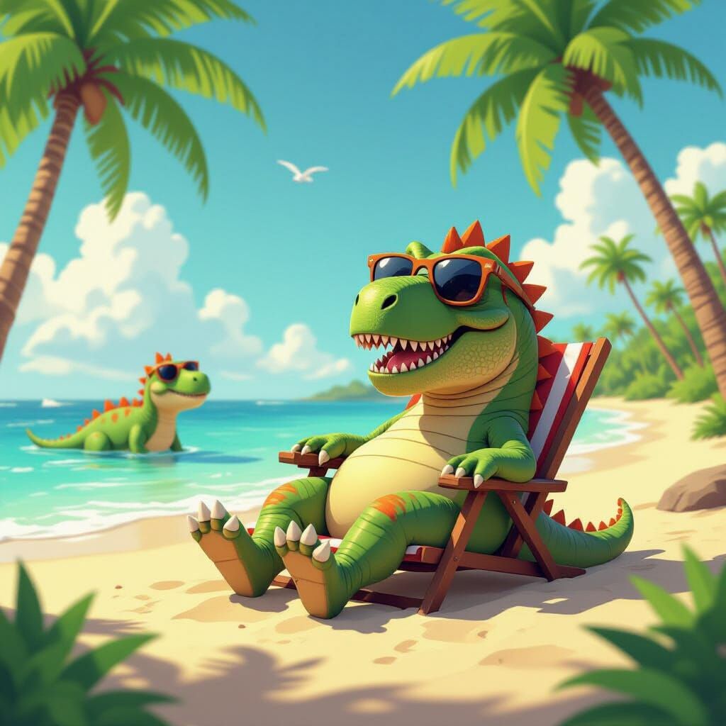 Friendly T-Rex Relaxing on Tropical Beach with Friends